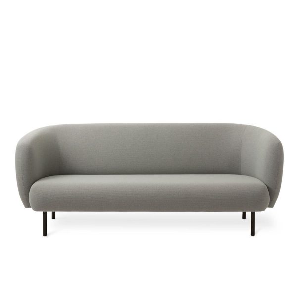 En moderne, minimalistisk sofa med glat, gråt polstring og slanke sorte ben, sat mod en almindelig hvid baggrund. Sofaen har en buet, strømlinet form med en gennemgående, afrundet ryg og arme, der afspejler en upåklagelig designmøbler-æstetik.