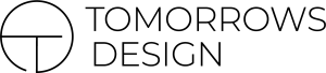 Logo for "TomorrowsDesign" med stiliseret tekst og et cirkulært ikon opdelt i en solid og en omridset halvdel på venstre side. Logoet bruger en slank, moderne skrifttype i mørkegrøn.