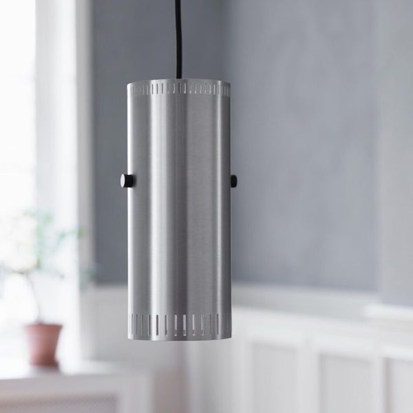 En cylindrisk metalpendel, der hænger i en sort ledning mod en blødt sløret baggrund af en grå væg og hvidt wainscoting – TomorrowsDesign forbedrer subtilt scenen med en plante synlig i den fjerne baggrund.