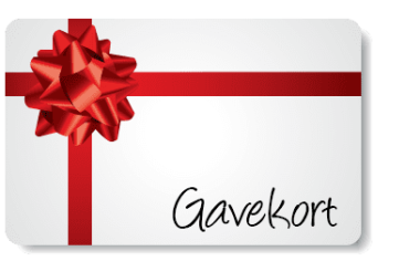 Et gavekort grafik med et rødt bånd og sløjfe hen over en hvid baggrund. Ordet "gavekort" er skrevet med en skrifttype i midten, hvilket indikerer, at det er et gavekort til designmøbler.