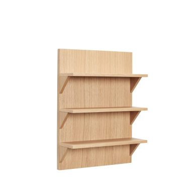 En moderne, tom bogreol i træ med tre vandrette hylder, med et minimalistisk design fra TomorrowsDesign, isoleret på en hvid baggrund.