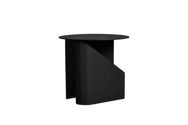 Et moderne, sort sidebord med et unikt, spiralbaseret design og en rund plade, isoleret på en hvid baggrund. Ideel til moderne interiør ordninger.