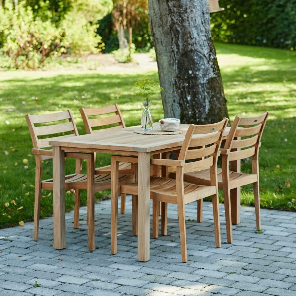 Et spisebord af træ og fire stole placeret på en muret terrasse i en solrig have, i skyggen af træer, med et lille plantecenter, der viser udsøgte designmøbler.