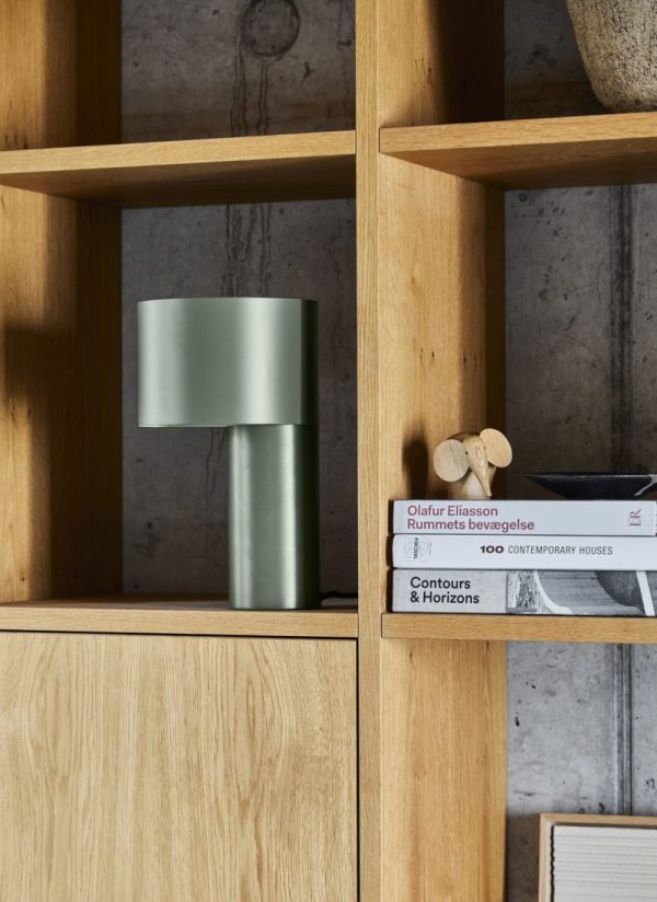 En minimalistisk lampe på en interiørreol i træ ved siden af bøger, med titler synlige. Reolen er godt oplyst af naturligt lys, hvilket understreger træets teksturer og lampens matte finish.