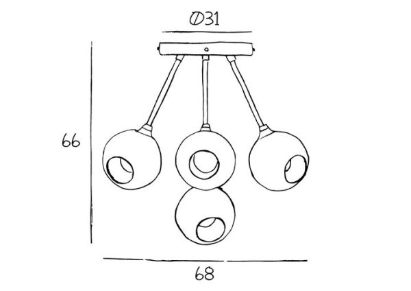 Teknisk tegning af et DESIGN BY US - Ballroom Molecule loftsarmatur med tre sfæriske lamper ophængt i et centralt nav, kommenteret med dimensionerne 66 og 68 og diameter 31.