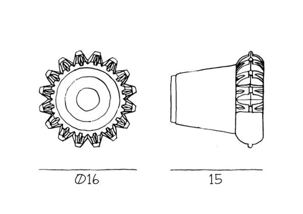 To stregtegninger: til venstre et cirkulært tandhjul med talrige tænder og en mærket diameter på 16; til højre, DESIGN BY US - New Wave Eyeball XL delvist dækket med et mønstret omslag, ved siden af en rektangulær form mærket 15.