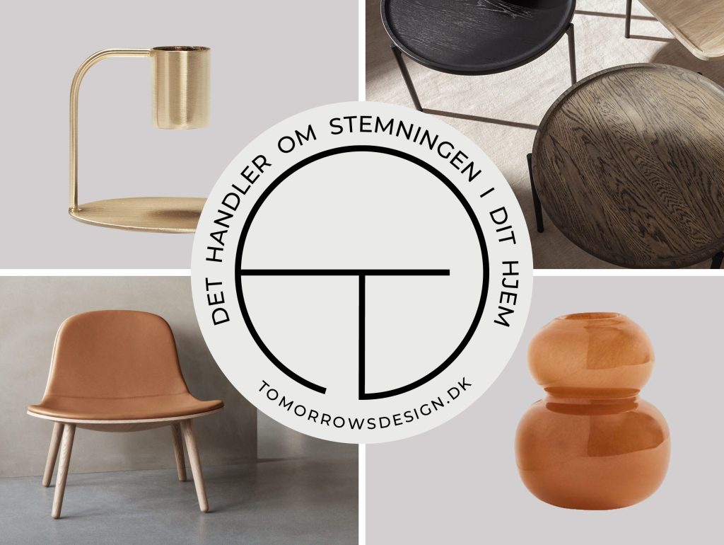 En collage af moderne møbler og indretning: en gylden lampe, sorte stole med trædetaljer, en solbrun stol og to stablede runde trævaser. centreret er et logo med teksten "morgendagens design.dk" og danske ord, der betyder "det handler om stemningen i dit hjem.