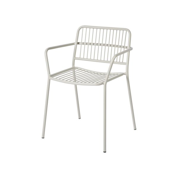 En minimalistisk hvid metalstol med vandrette stænger til sædet og lodrette stænger til ryglænet, med afrundede armlæn og slanke ben. Stolen, en del af TomorrowsDesign-kollektionen, står på en ren, hvid baggrund.