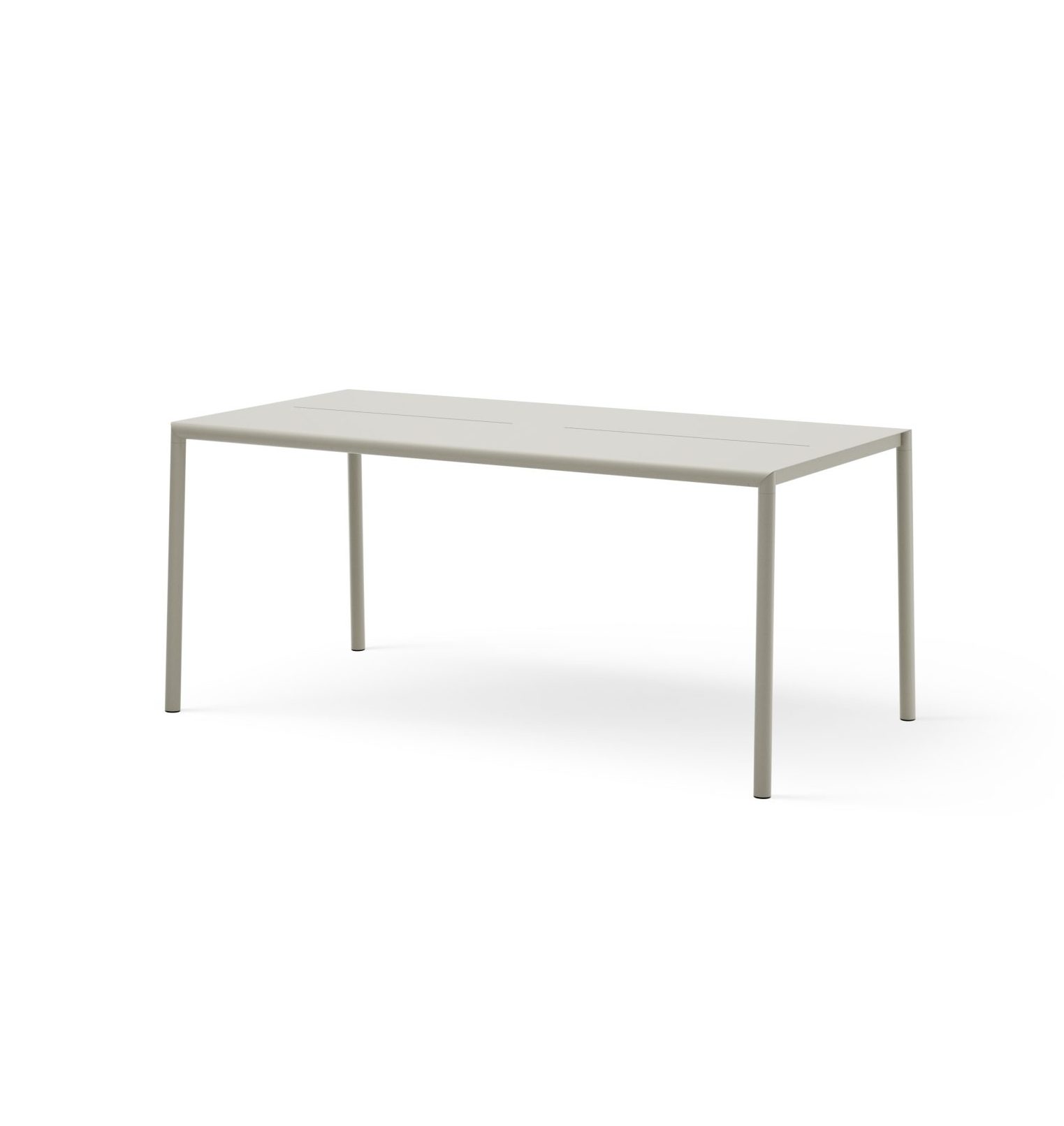 Et almindeligt rektangulært bord med et minimalistisk design, med en glat, flad top og fire slanke ben, vist mod en solid hvid baggrund i et interiør.