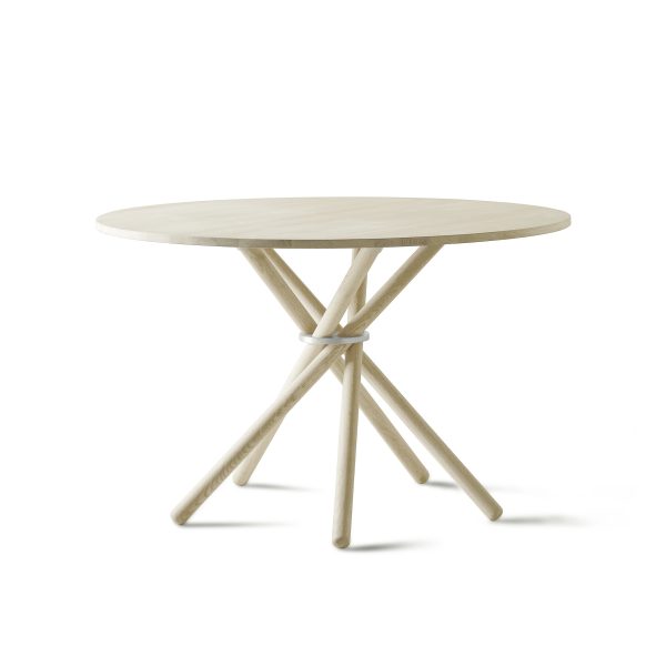 En moderne rund træ EBERHART - Hector Spisebord 120 med et unikt sammenlåsende bendesign, sat mod en almindelig hvid baggrund.