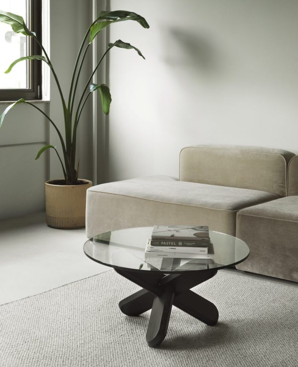 En moderne stue med en beige sofa, et rundt glas sofabord med sort fod og en høj grøn plante ved et vindue. Magasiner er placeret ovenpå sofabordet. Møblerne tilføjer et elegant touch til rummet.