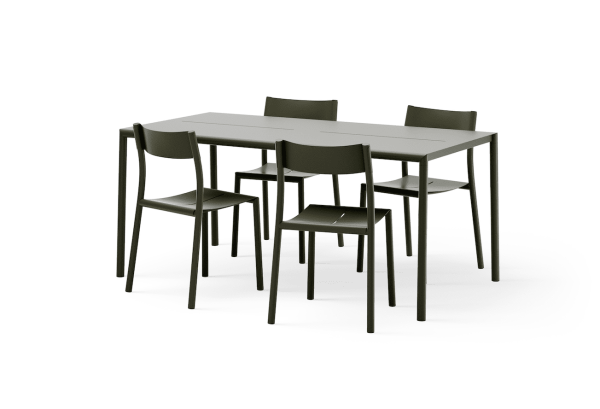 Et moderne spisebordssæt bestående af et rektangulært gråt bord og seks NYHEDER - May Havesæt stole med metalben, arrangeret på hvid baggrund.