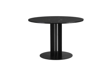 Et rundt, sort marmorbord med en enkelt central piedestal og en rund base, isoleret på en hvid baggrund. Dette smykke er en del af vores eksklusive designmøbler kollektion.