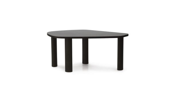 Et enkelt sort træbord med en halvcirkelformet plade og fire lige ben, designet af TomorrowsDesign, sat mod en hvid baggrund.