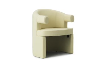 En moderne, lysegrøn lænestol med cylindriske arme og et integreret opbevaringsrum, designet af TomorrowsDesign, isoleret på en hvid baggrund.