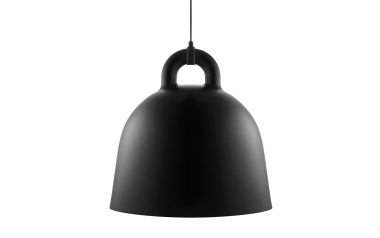 En slank, sort NORMANN COPENHAGEN - Bell Lampe Ø55 med en glat, kuppelformet skærm hænger fra et kabel mod en solid hvid baggrund. designet er minimalistisk og moderne.