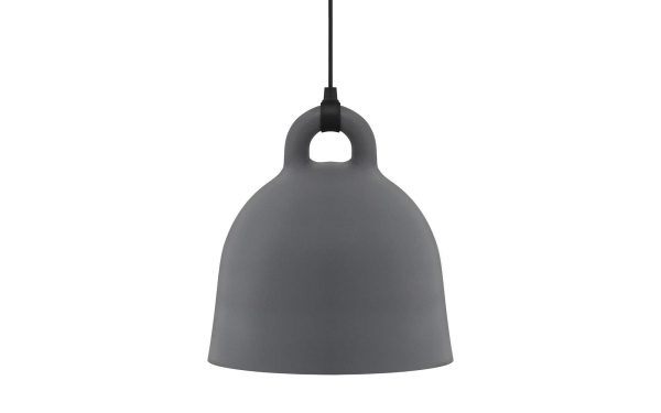 En matgrå NORMANN COPENHAGEN - Bell Lampe Ø55 pendel hænger fra et sort kabel, med et slankt, klokkeformet design med en lille cirkulær udskæring nær toppen.