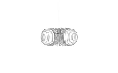 Moderne pendel med et unikt design med dobbelt sløjfe med trådrammestruktur, ophængt fra et loft med et tyndt kabel, vist mod en almindelig hvid baggrund af TomorrowsDesign.