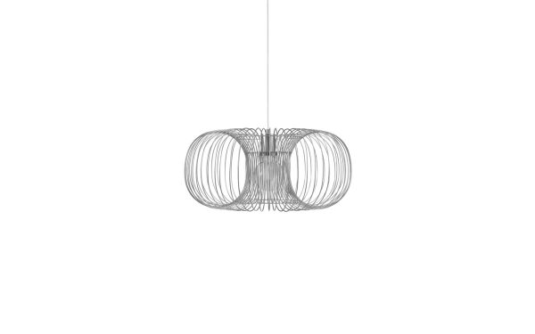 Moderne pendel med et unikt design med dobbelt sløjfe med trådrammestruktur, ophængt fra et loft med et tyndt kabel, vist mod en almindelig hvid baggrund af TomorrowsDesign.