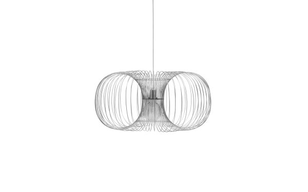 Moderne pendel med et symmetrisk wireframe-design i timeglasform med løkker, ophængt fra et loft med en enkelt ledning, mod en almindelig hvid baggrund. Ideel til moderne interiør æstetik.