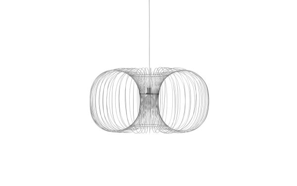 En moderne pendel med to krydsende wireframe-kugler i et symmetrisk design, ophængt i et enkelt kabel mod en almindelig hvid baggrund. Dette stykke er perfekt til ethvert interiør, der ønsker at inkorporere slanke designelementer.