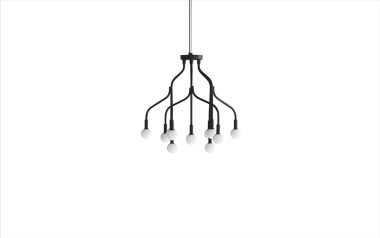 En minimalistisk lysekrone med en sort metalstruktur, der hænger fra et kabel, med flere arme, der strækker sig nedad, hver tippet med en simpel hvid pære. Perfekt til moderne interiørprojekter.