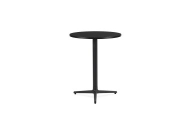 Et sort rund-top barbord med en central piedestal og trepunkts stjernefod i et elegant design, isoleret på en hvid baggrund.