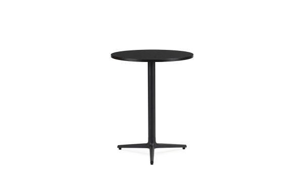 Et sort rund-top barbord med en central piedestal og trepunkts stjernefod i et elegant design, isoleret på en hvid baggrund.