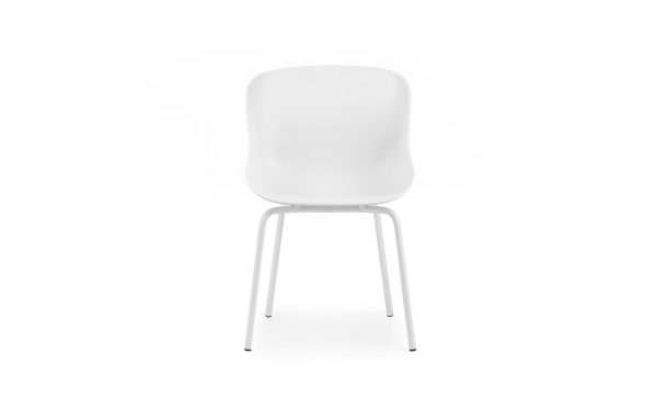 En enkel, moderne hvid stol med buet plastikryglæn og fire metalben, isoleret på en hvid baggrund fra TomorrowsDesign.