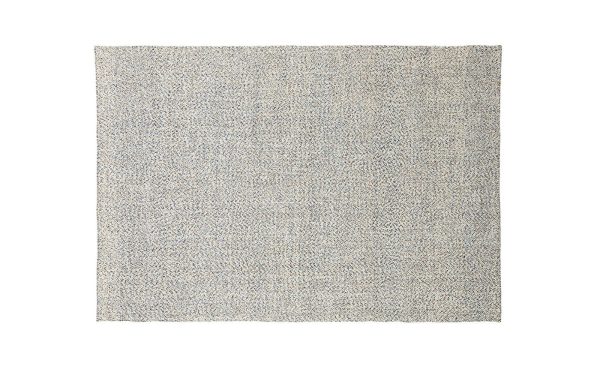 Et firkantet beige tæppe med en tæt, struktureret løkkeluv. Den ensartede farve og subtile tekstur giver den et minimalistisk look, der passer til en række forskellige interiørdesigns fra TomorrowsDesign.