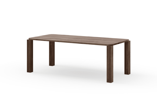 Et rektangulært træbord med en mørkebrun finish og fire robuste ben, med et moderne design, sat mod en almindelig hvid baggrund.