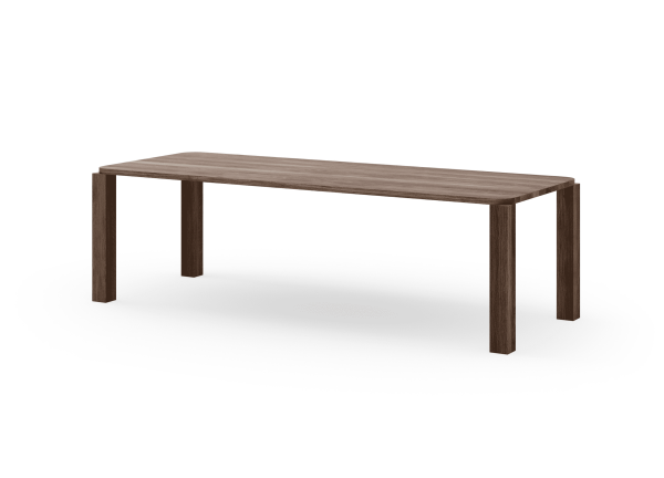 Et simpelt træbord med en rektangulær plade og fire ben, isoleret på en almindelig hvid baggrund. Bordet har en glat, mørk valnød finish fra TomorrowsDesign.