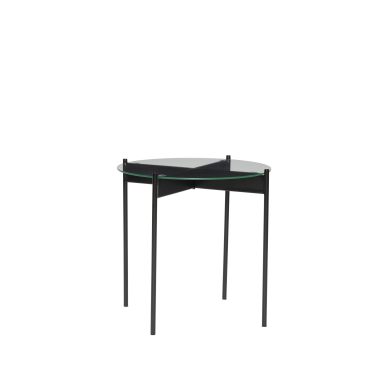 En moderne, minimalistisk HÜBSCH - Bjælkeskænk med sort glasplade og metalben på en almindelig hvid baggrund.
