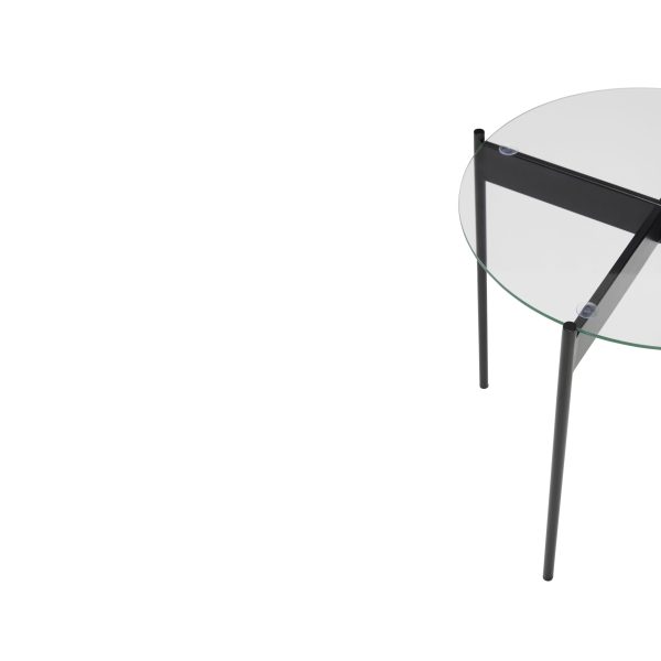 En moderne HÜBSCH - Beam Sidebord med en cirkulær top og tre sorte metalben, placeret på en hvid baggrund med rigelig kopiplads til venstre.