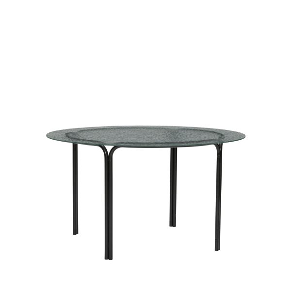 Et rundt bord med en tekstureret grå overflade og tynde sorte metalben fra TomorrowsDesign, set på en almindelig hvid baggrund.