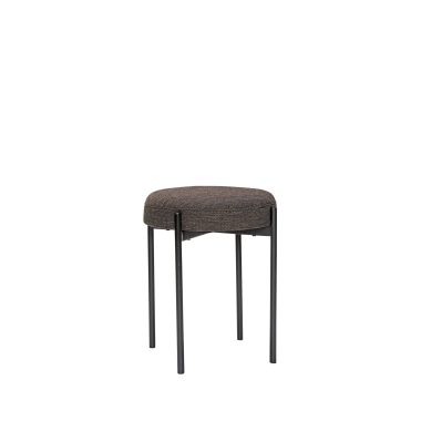 En moderne skammel med et rundt, struktureret sæde i mørkegrå stof og slanke, lige sorte metalben, isoleret på en hvid baggrund. Ideel til moderne interiør.