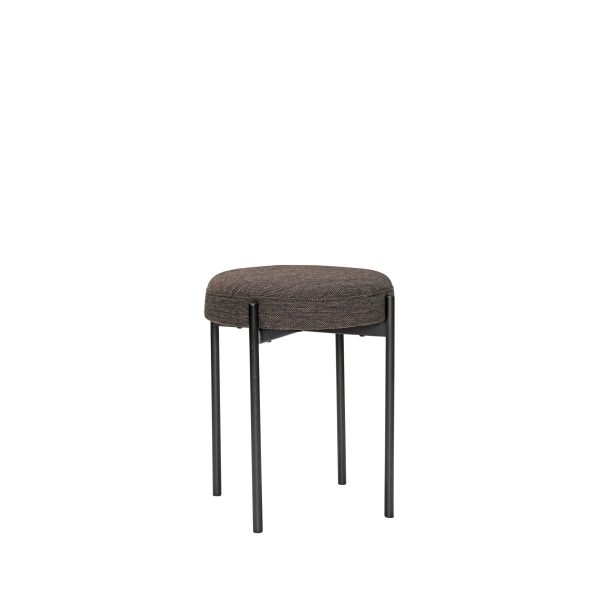En moderne skammel med et rundt, struktureret sæde i mørkegrå stof og slanke, lige sorte metalben, isoleret på en hvid baggrund. Ideel til moderne interiør.