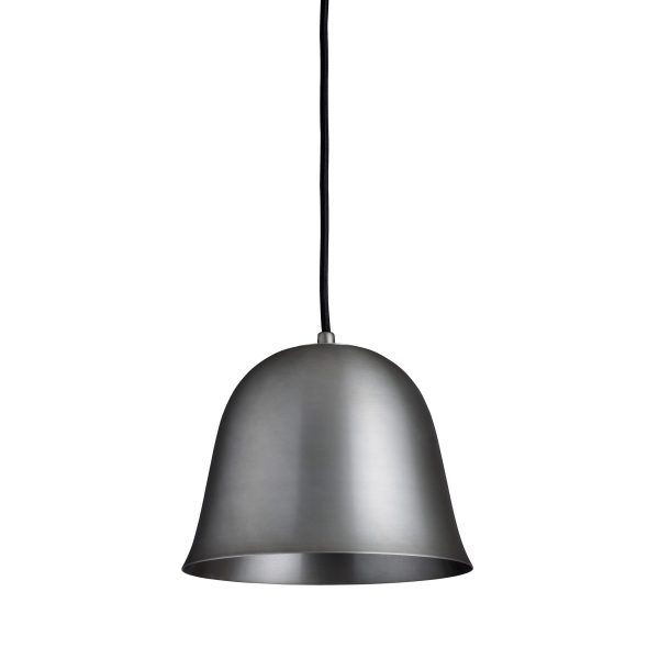 A NORR11 - Cloche One Pendel med en mat grå finish, hængende fra en simpel sort snor mod en hvid baggrund.