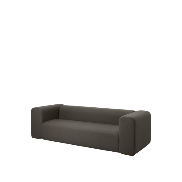 En minimalistisk mørkegrå sofa med en glat finish og afrundede armlæn står på en almindelig hvid baggrund. Sofaen har en slank, moderne designmøbler-æstetik uden synlige ben.