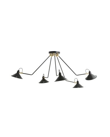 En moderne lysekrone med guld i midten og fem sorte arme, der hver ender i en konisk sort lampeskærm, mod en almindelig hvid baggrund og med TomorrowsDesign.