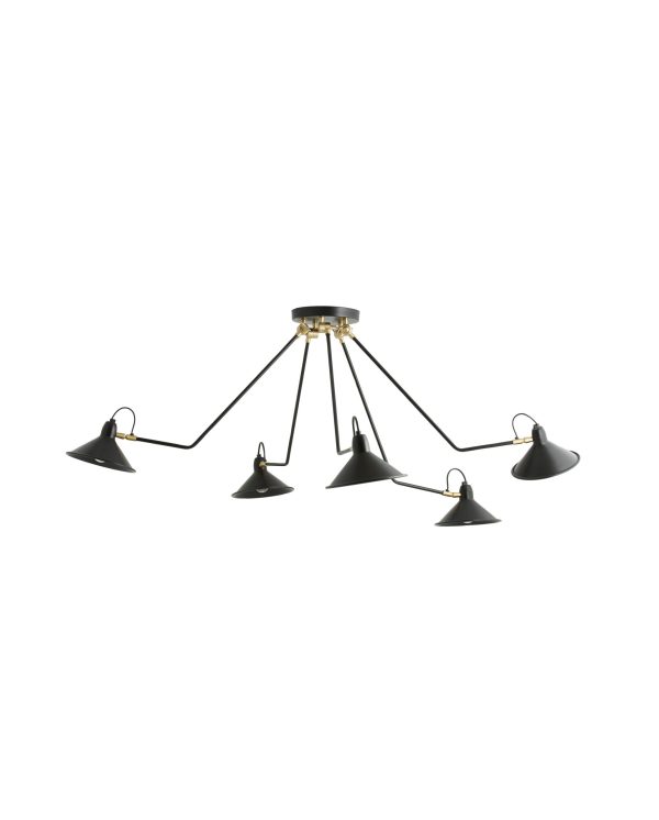 En moderne lysekrone med guld i midten og fem sorte arme, der hver ender i en konisk sort lampeskærm, mod en almindelig hvid baggrund og med TomorrowsDesign.