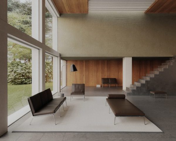 Interiør i en moderne stue med store vinduer med udsigt over en have, med minimalistiske møbler, trævægge og højt til loftet prydet med NORR11 - Line Two Gulvlampe.