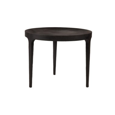 En simpel sort rund NORR11 - Ghost Sofabord med tre ben, isoleret på en hvid baggrund.