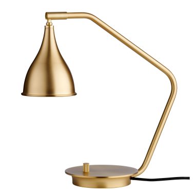 EN NORR11 - Le Six Bordlampe med en justerbar arm og en konisk skærm, stående på en cirkulær base, isoleret på en hvid baggrund.