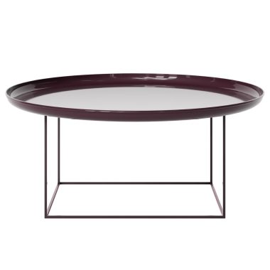 Et moderne NORR11 - Duke Sofabord Ø90 med en blank, oval top og en tynd, geometrisk metalramme, isoleret på en hvid baggrund.