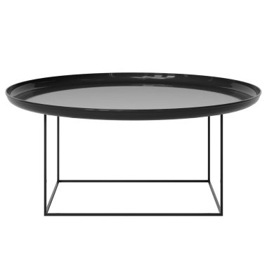 Et moderne, minimalistisk sort sofabord med en bred, rund, blank plade og en slank, geometrisk TomorrowsDesign metalbund. Bordet er sat mod en almindelig hvid baggrund.