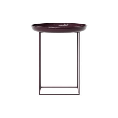 En minimalistisk NORR11 - Duke Sidebord med en cirkulær top og en tynd rektangulær metalramme, isoleret på en hvid baggrund.