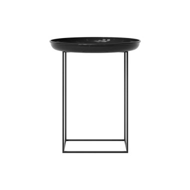En moderne NORR11 - Duke Sidebord med en cirkulær top og en minimalistisk firkantet ramme, isoleret på en hvid baggrund.