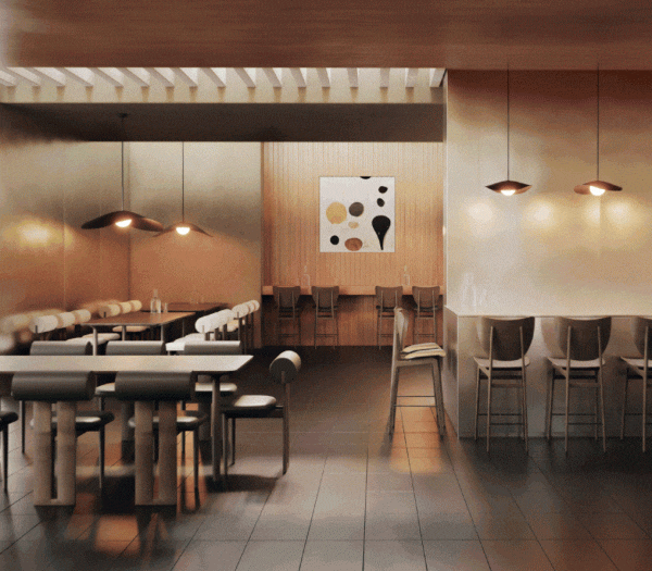 Interiør i en moderne cafe med designmøbler borde, stole og barstole, med blød belysning og et stort abstrakt maleri på bagvæggen. Stemningen er varm og indbydende.