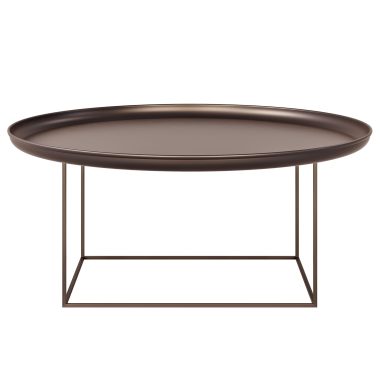 Et moderne ovalt sofabord med en glat, mørkebrun plade og en minimalistisk metalramme på en almindelig hvid baggrund, der inkarnerer essensen af TomorrowsDesign.